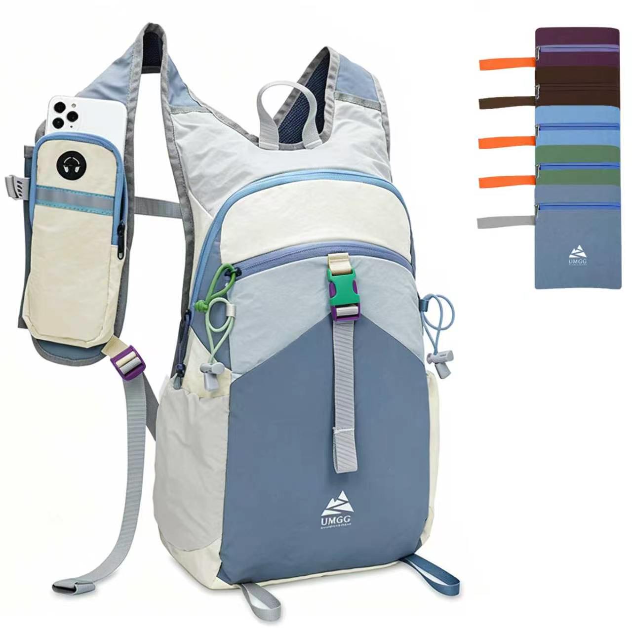 UMGG 15L Haze Blue Colorblock Lightweight Hiking Backpack, Water Resistant Outdoor Daypack with Shoulder Phone Pocket for Cycling Travel Commute