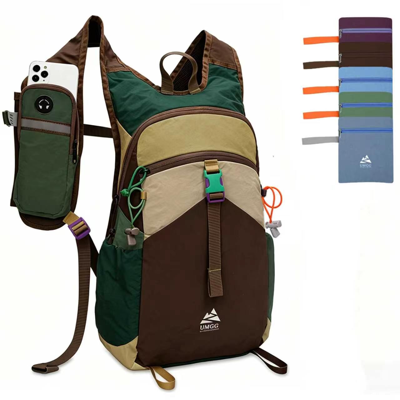 UMGG 15L Brown Green Colorblock Lightweight Hiking Backpack, Water Resistant Outdoor Daypack with Shoulder Phone Pocket for Cycling Travel Commute