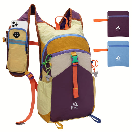 UMGG 15L Purple Colorblock Lightweight Hiking Backpack, Water Resistant Outdoor Daypack with Shoulder Phone Pocket for Cycling Travel Commute